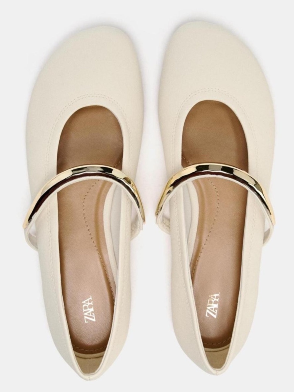 Zara Cream Faux Leather Round Toe Ballet Flats with Gold Strap size 38